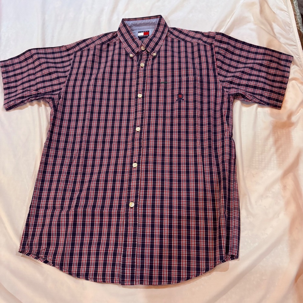 TOMMY HILFIGER Button Down Shirt,Blue Red,White Plaid Stripe, Short Sleeve Men L